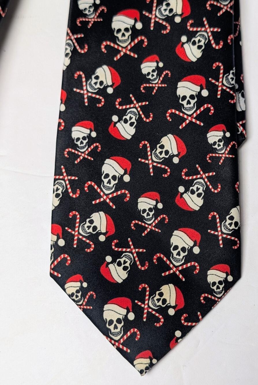 Tie Tales Black Christmas Necktie 56" Holiday Skull Santa Candy Cane Print Boss